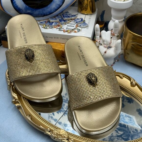 🆕 KURT GEIGER LONDON 🧿 NWOB Meena Eagle Gold Crystal Studded Slide, Sz US 7 - Picture 4 of 14